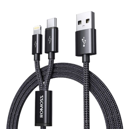 Picture of Romoss USB A to Lightning and Type C 1.5m cable Space Grey Nylon Braided Cable