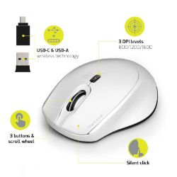 Picture of Port Wireless Silent 3600DPI 3 Button USB and Type-C Dongle Mouse - White
